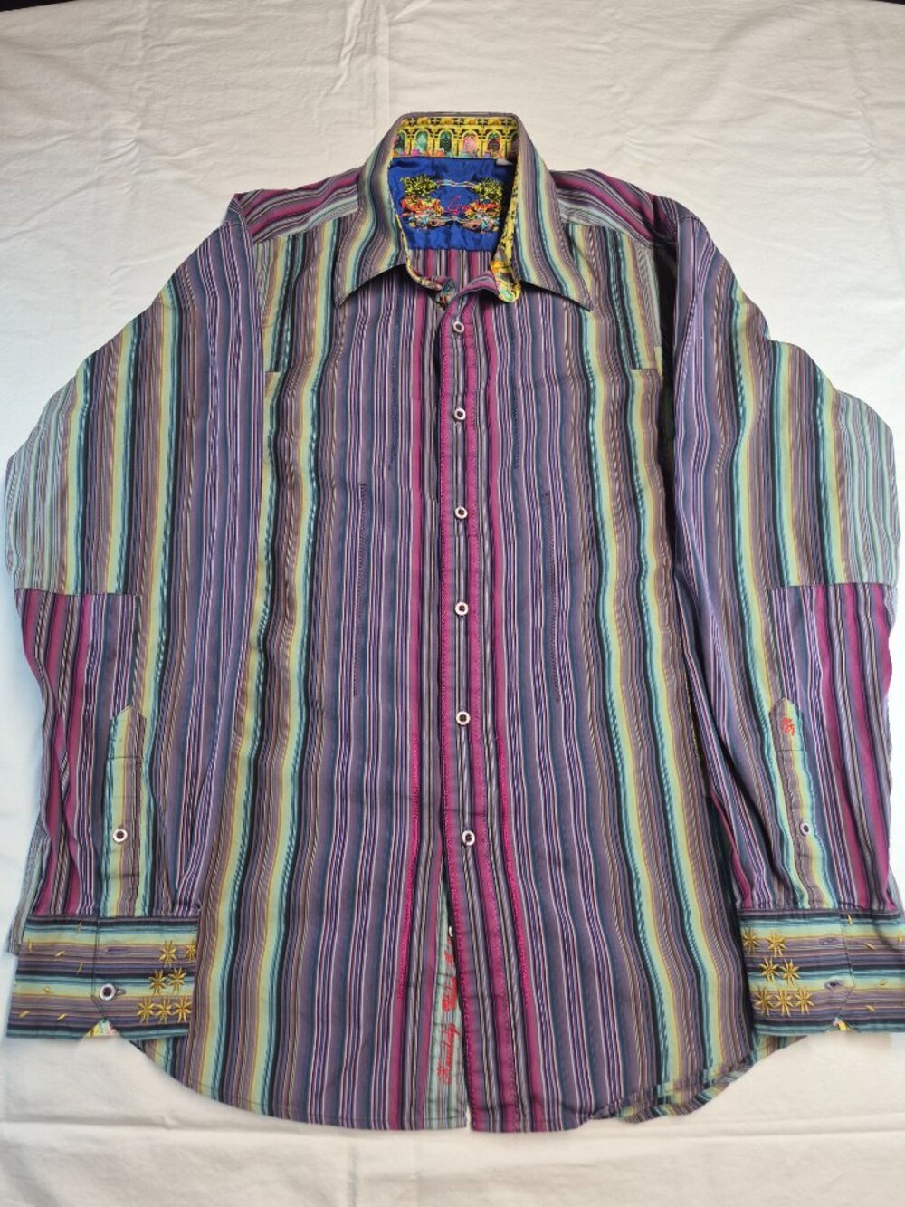 Robert Graham Mens L Multicolor Stripe Embroidered Flip Cuff Shirt MC18